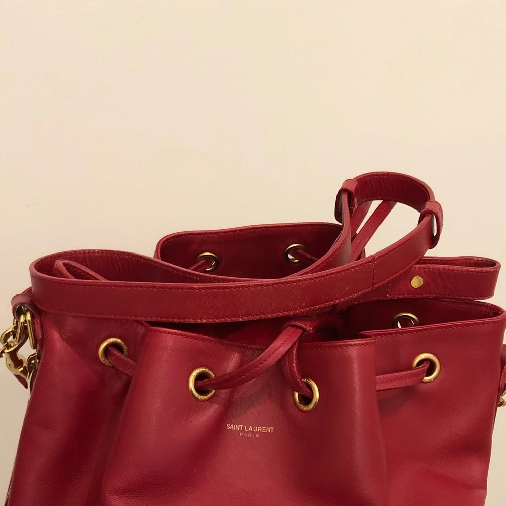 Saint Laurent Red Leather Drawstring Hobo with Gold-Tone Hardware